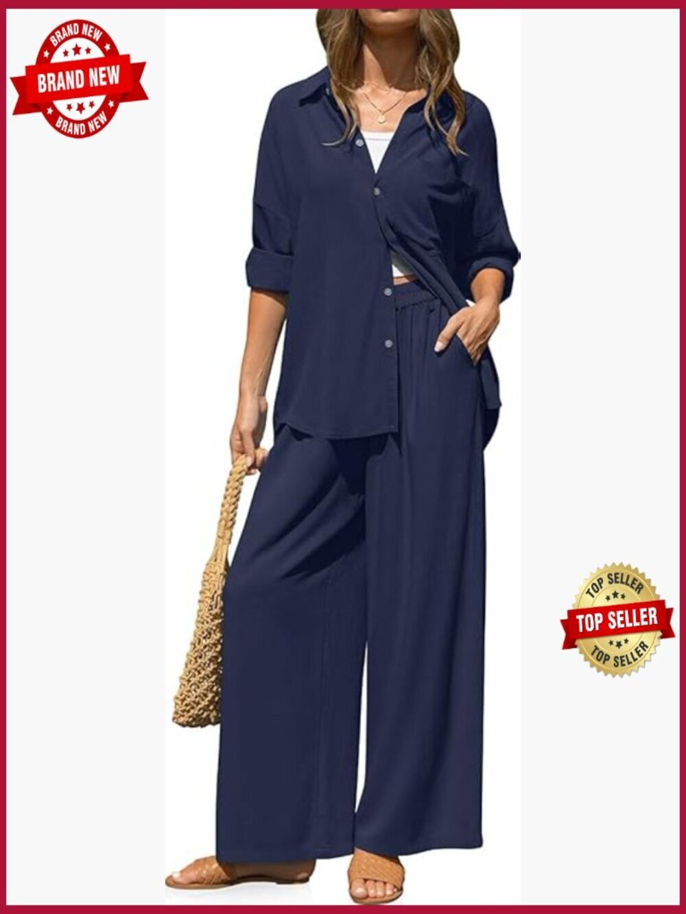 Women's Linen 2 Piece Outfit Lounge Set Long Sleeve Button Down Wide Leg Pants